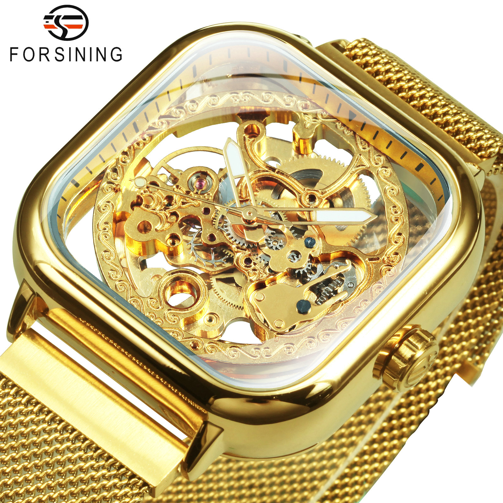 Stainless Mesh Band - Forsining Luxury Square Skeleton Automatic Men
